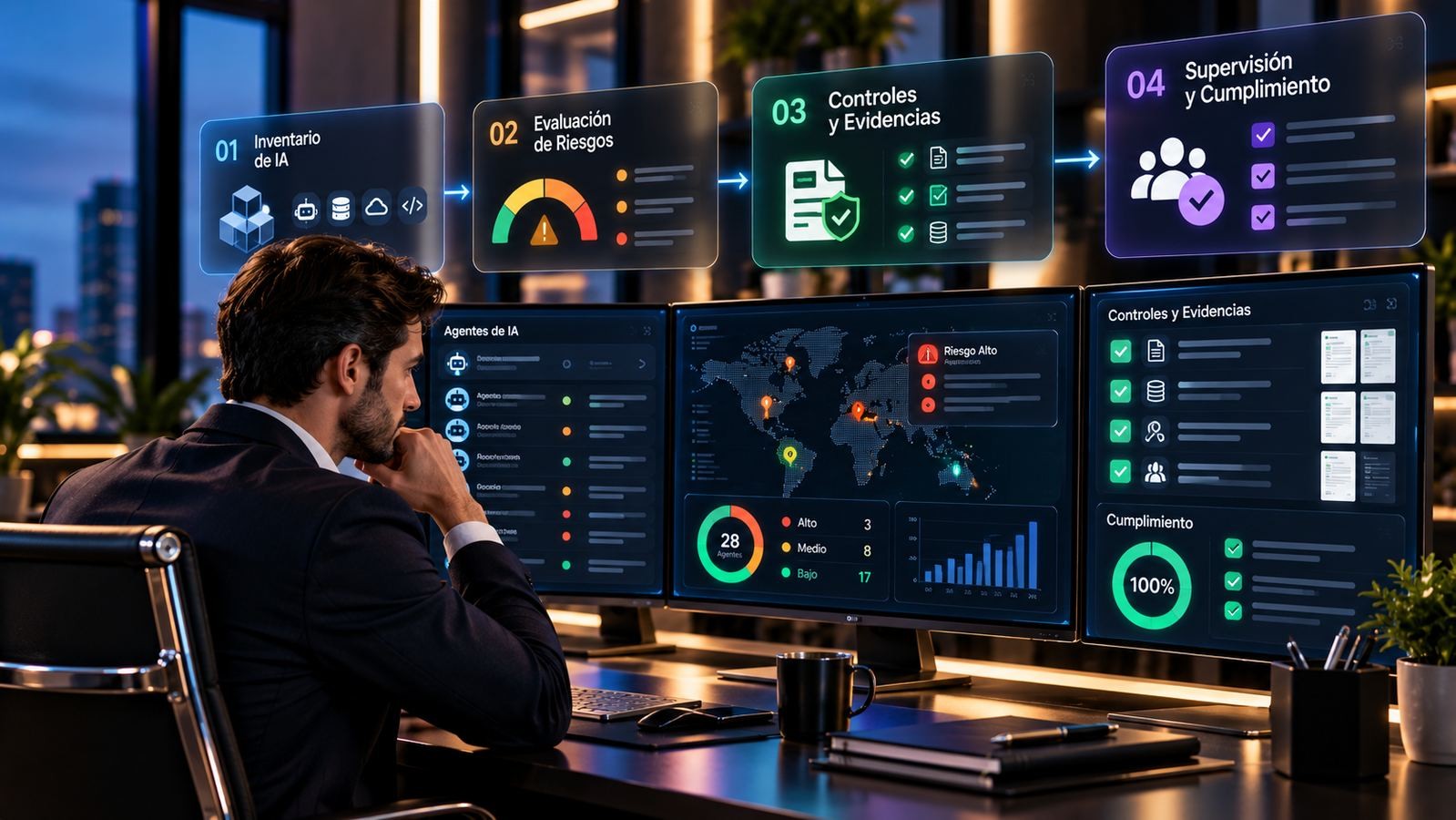 Panel de inventario, riesgos, controles y evidencias de IA